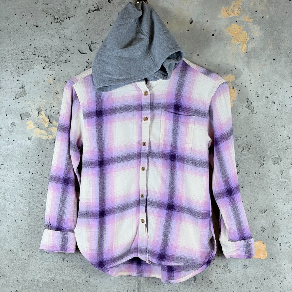 Old Navy Hooded Flannel Shirt Girls Large 10-12 Purple Plaid Cotton LS 426656-00